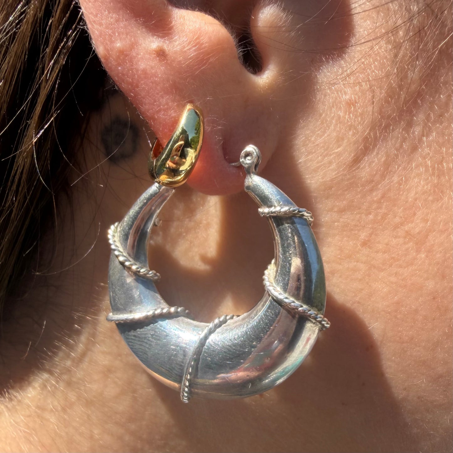 Vintage Sterling Silver Crescent Chunky Hoop Earrings with Braided Wire Detail