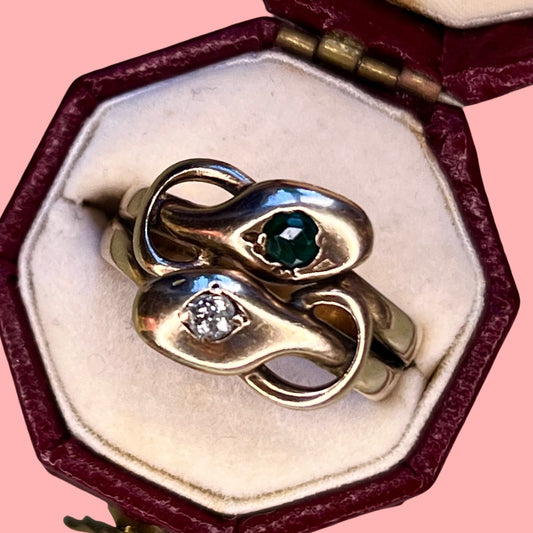 Antique 10k Diamond and Emerald Snake Ring