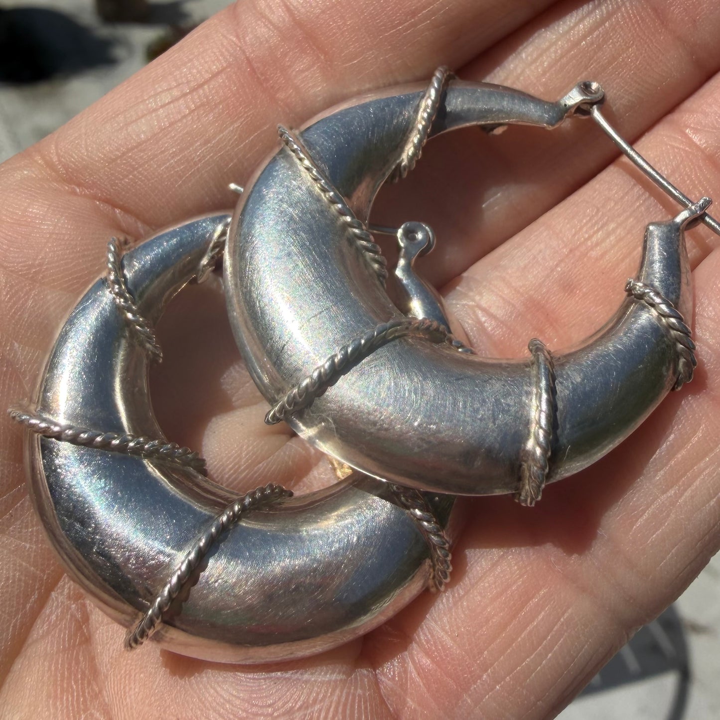 Vintage Sterling Silver Crescent Chunky Hoop Earrings with Braided Wire Detail