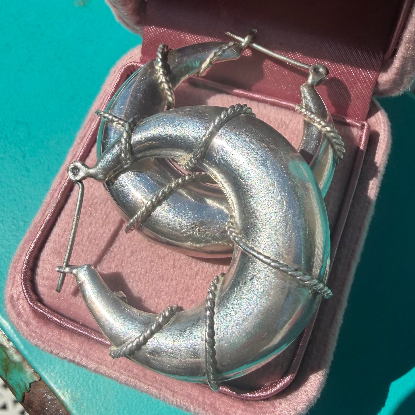Vintage Sterling Silver Crescent Chunky Hoop Earrings with Braided Wire Detail