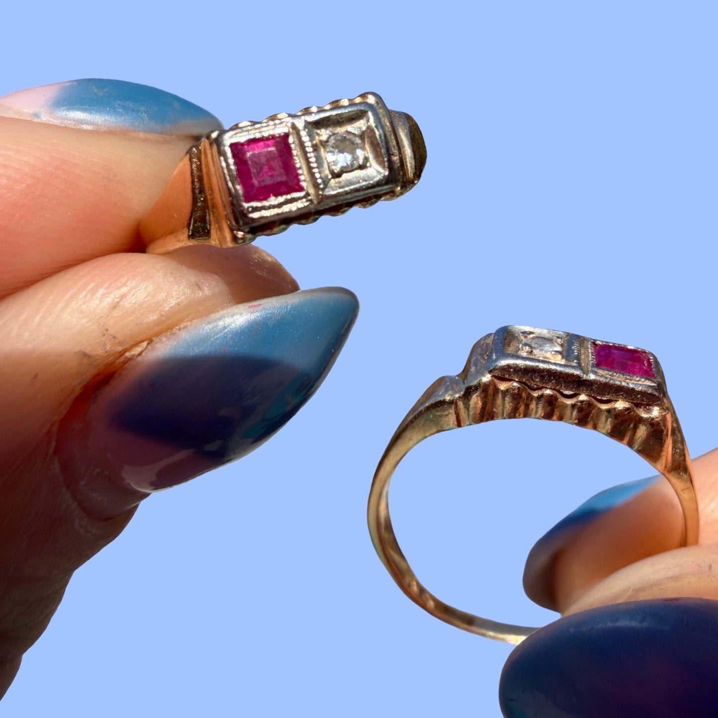 Vintage Toi et Moi Ruby and Diamond Pinky Ring