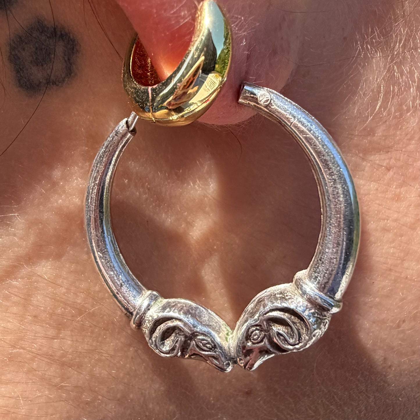 Vintage Sterling Silver Ram Hoops