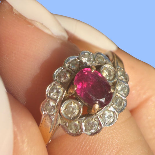 Antique Art Deco 14k Ruby and Diamond Cluster Ring