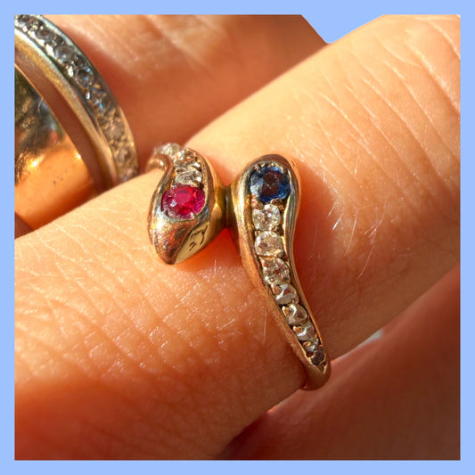 Antique 14k Diamond Ruby and Sapphire Ring