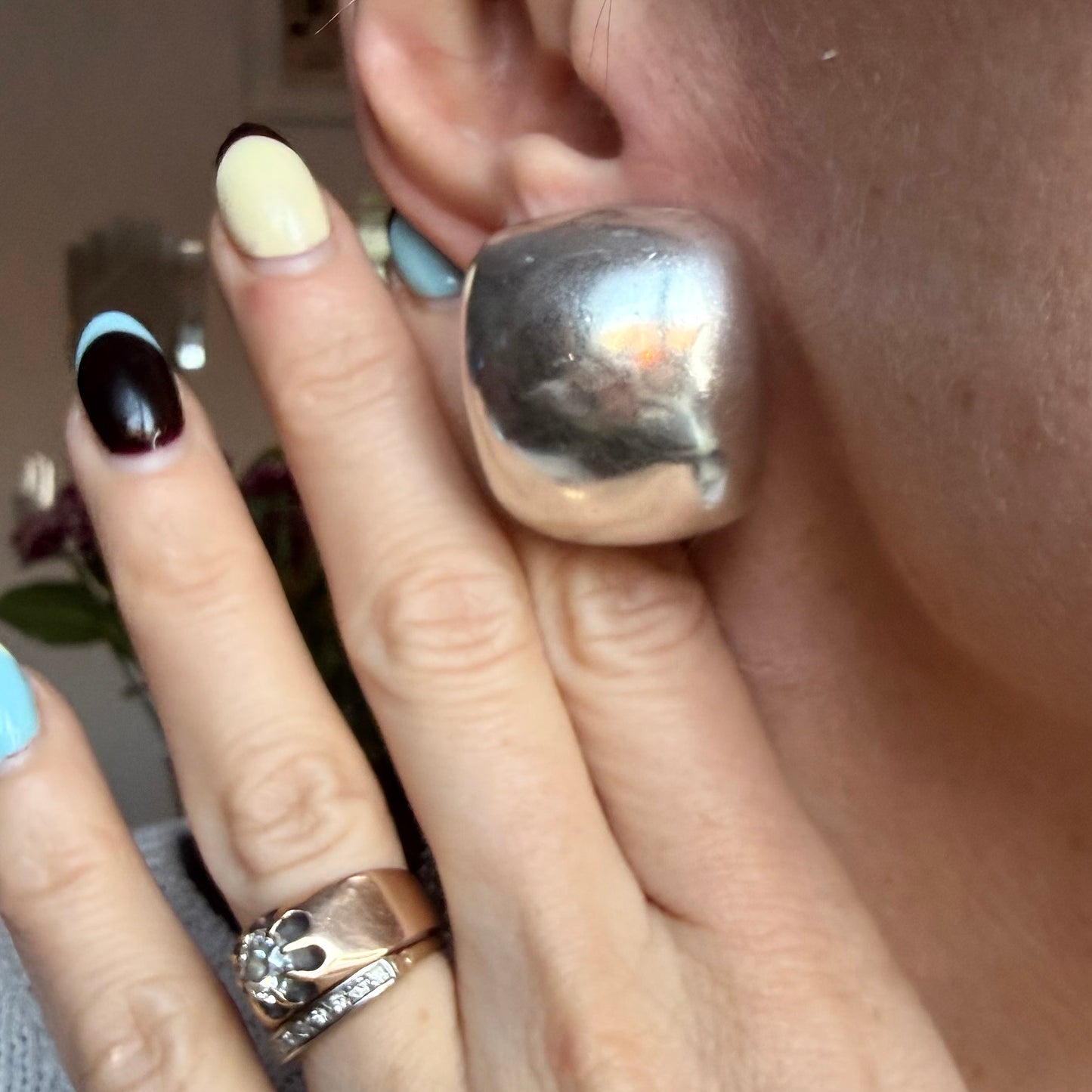 Vintage Sterling Silver Puffy Clip On Earrings